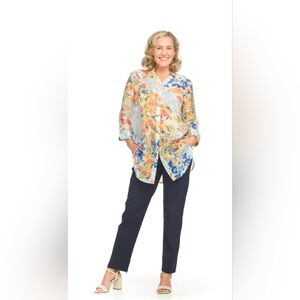 Papillon Floral Button-Front Tunic with Tab Sleeves Size S